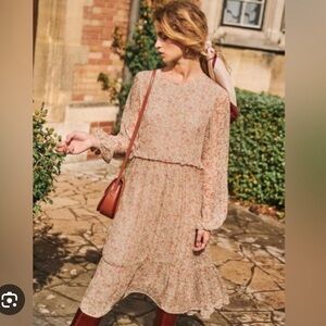 Sezane Floral Cream Midi Dress with Pink & Green Accents